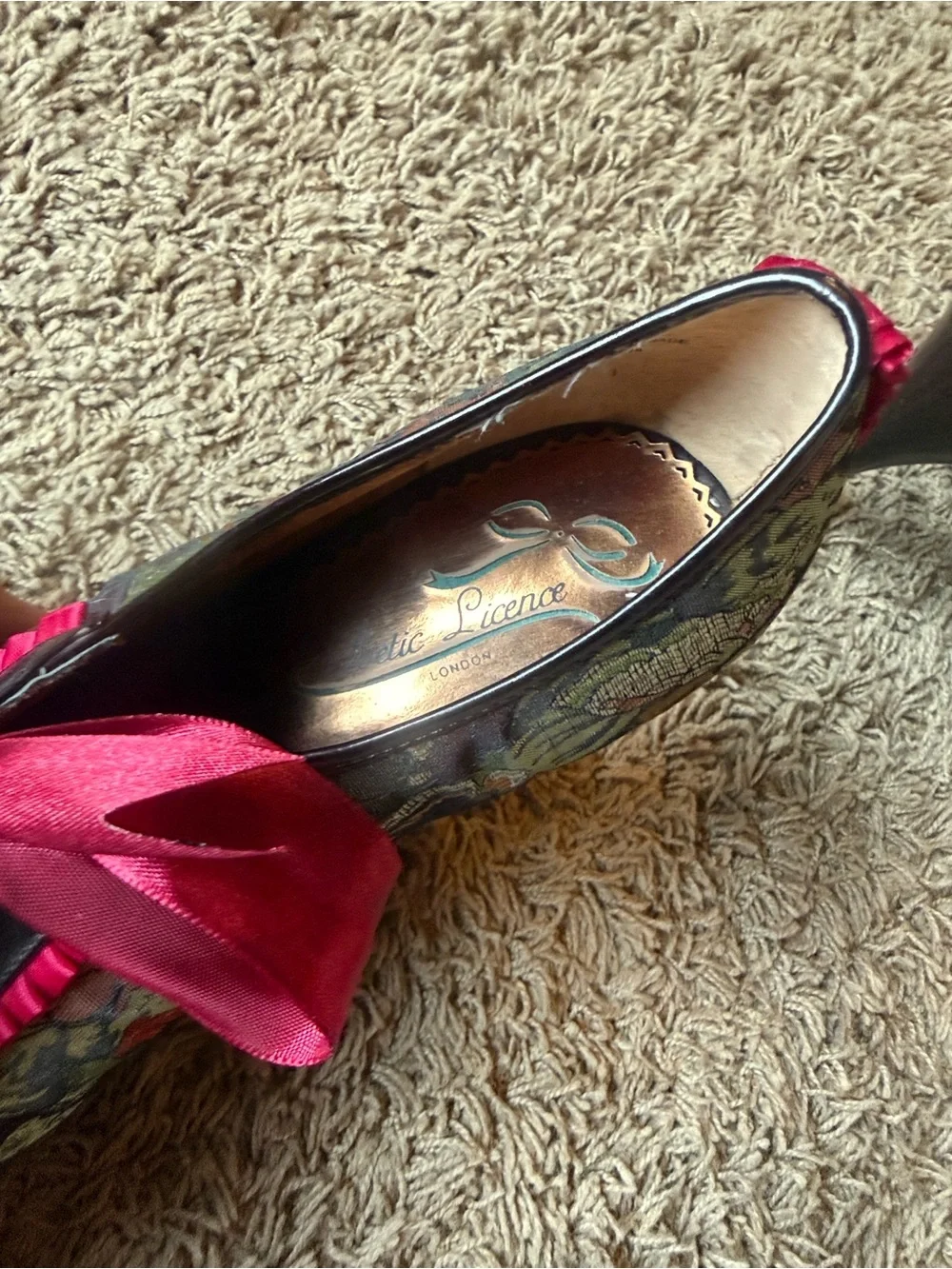 Poetic License Floral Brocade Peep-Toe Heels with Fuchsia Satin Laces